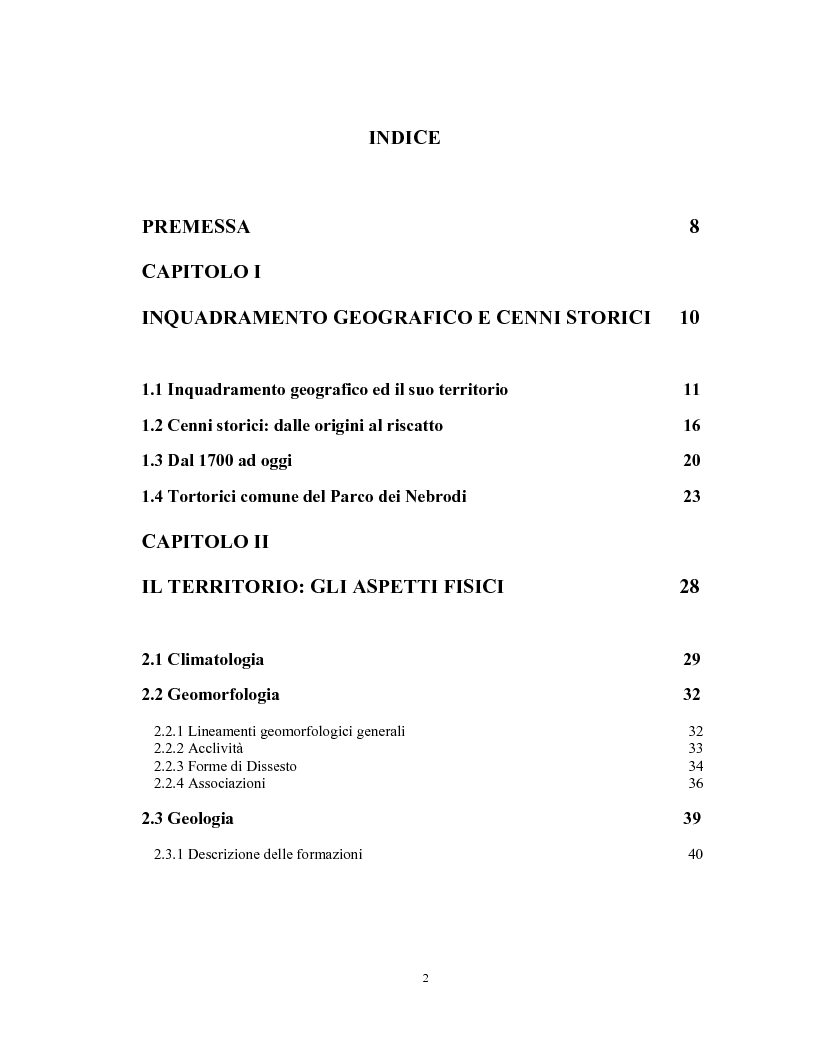 Indice della tesi: Le caratteristiche strutturali dell'economia agricola in Tortorici, Pagina 1