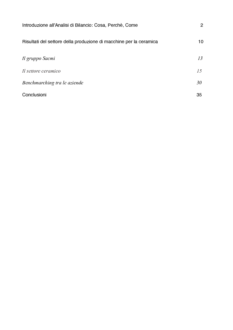 Indice della tesi: Benchmarking economico-finanziario nel mercato del settore delle macchine per la produzione ceramica, Pagina 1