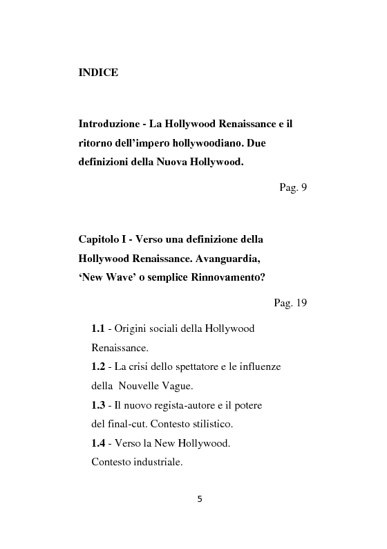 Indice della tesi: La Hollywood Renaissance e il boom del blockbuster. I due volti della Nuova Hollywood., Pagina 1