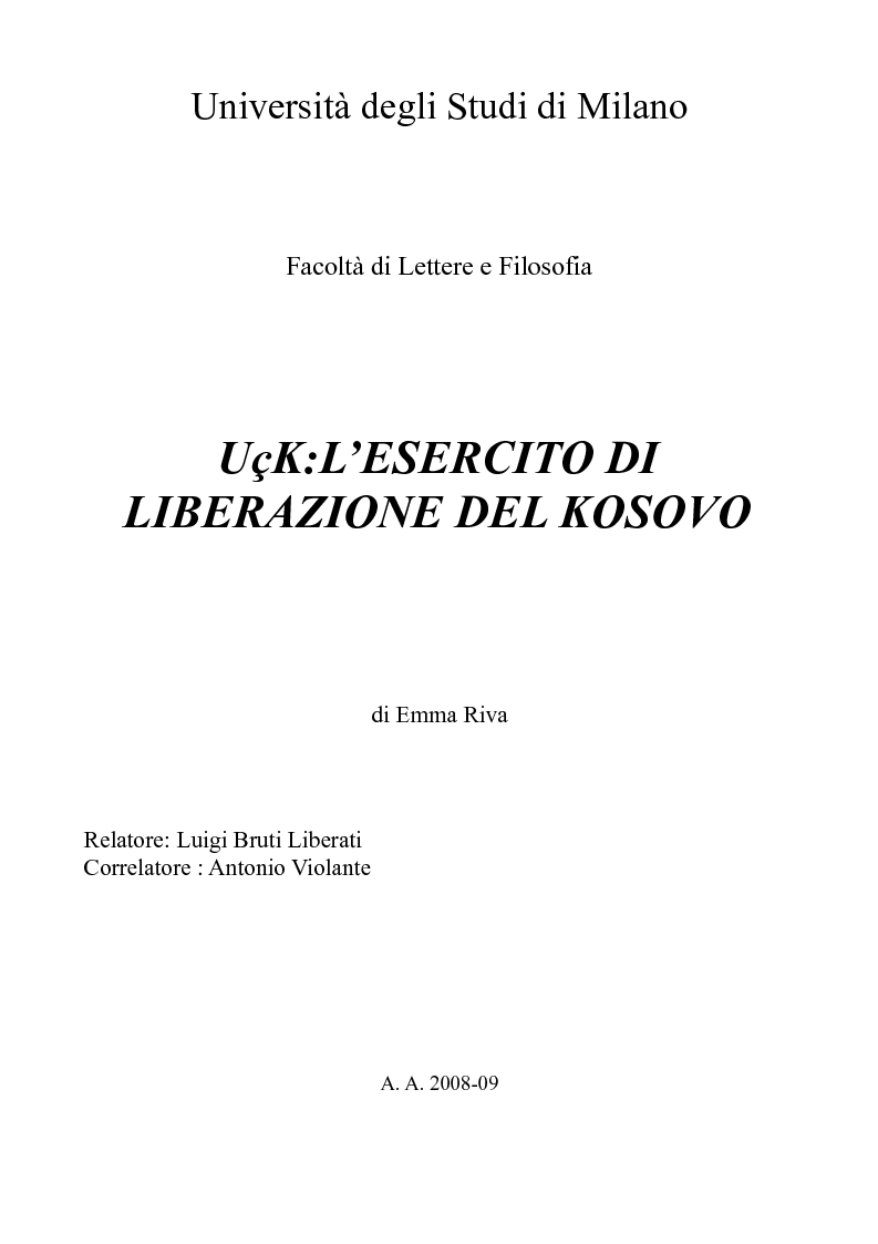 Anteprima della tesi: UçK: l'esercito di liberazione del Kosovo, Pagina 1