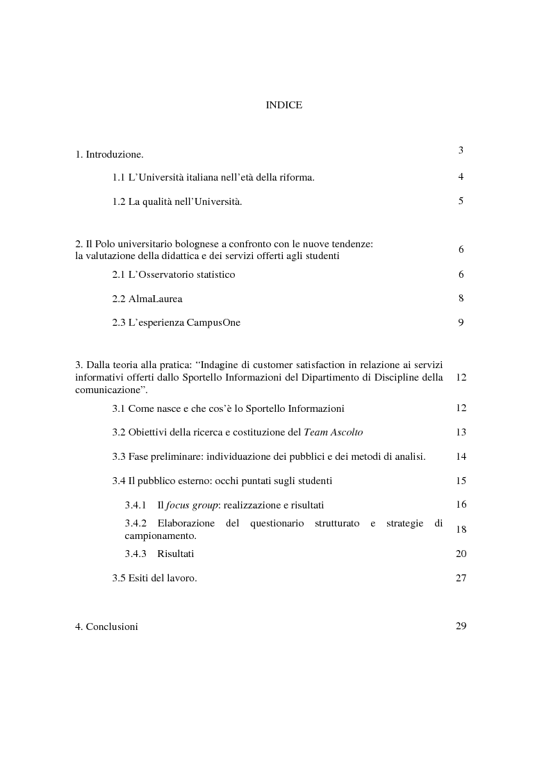 Indice della tesi: L'Ateneo che ascolta. Autovalutazione e customer satisfaction nel contesto del Polo universitario bolognese., Pagina 1