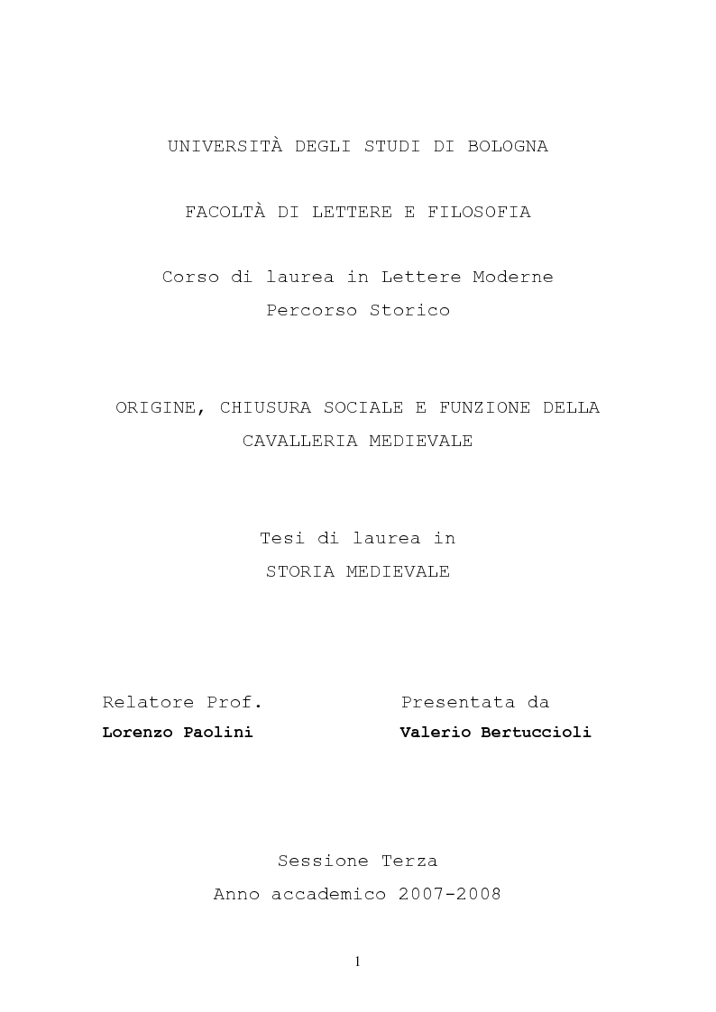Anteprima della tesi: Origine, Chiusura Sociale e Funzione Della Cavalleria Medievale, Pagina 1