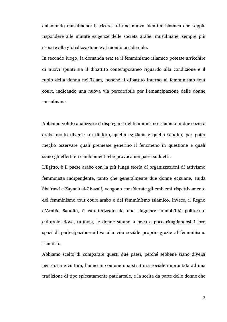 Anteprima della tesi: Il femminismo islamico. Storia e prospettive in due casi di studio: Egitto e Arabia Saudita., Pagina 2