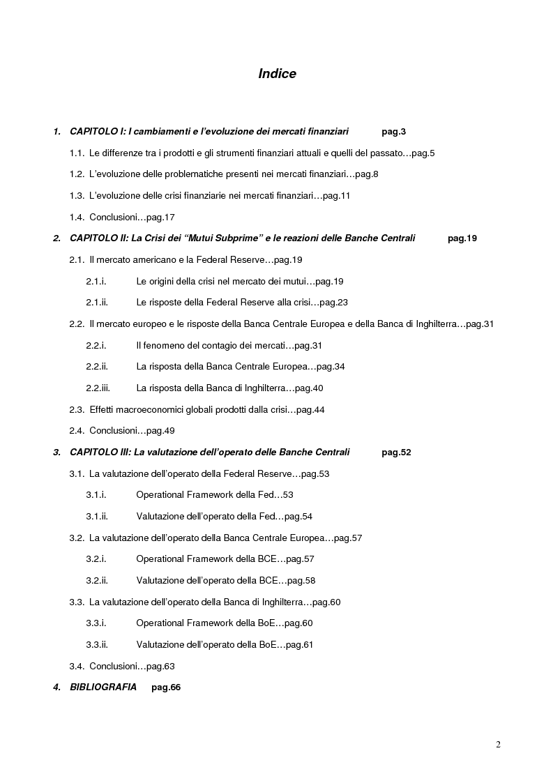 Indice della tesi: Il ruolo delle banche centrali nella crisi dei mutui subprime, Pagina 1