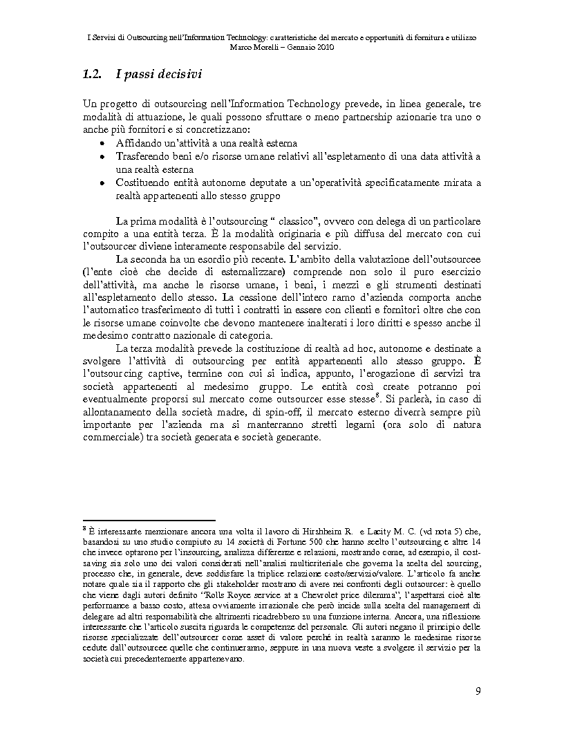 Anteprima della tesi: I Servizi di Outsourcing nell'Information Technology: caratteristiche del mercato e opportunità di fornitura e utilizzo, Pagina 6