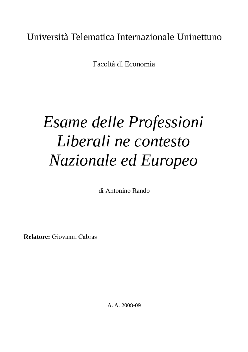 Anteprima della tesi: Esame delle professioni liberali nel contesto nazionale ed europeo, Pagina 1