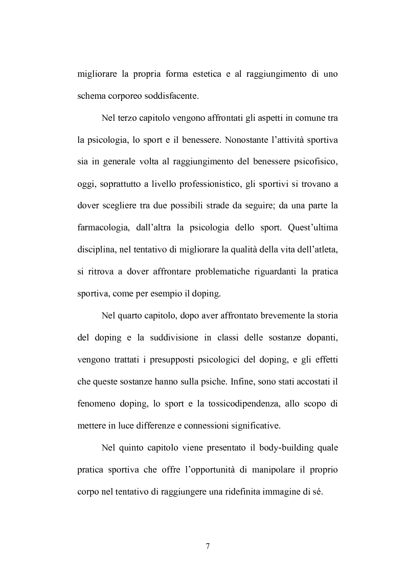 Anteprima della tesi: Dalla psicologia dello sport e benessere, alla psicologia del doping. Ricerca su motivazioni e significati delle manipolazioni corporee del body-builder: integratori e steroidi anabolizzanti., Pagina 4