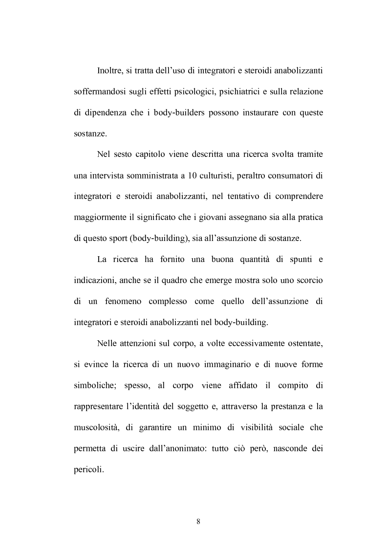 Anteprima della tesi: Dalla psicologia dello sport e benessere, alla psicologia del doping. Ricerca su motivazioni e significati delle manipolazioni corporee del body-builder: integratori e steroidi anabolizzanti., Pagina 5