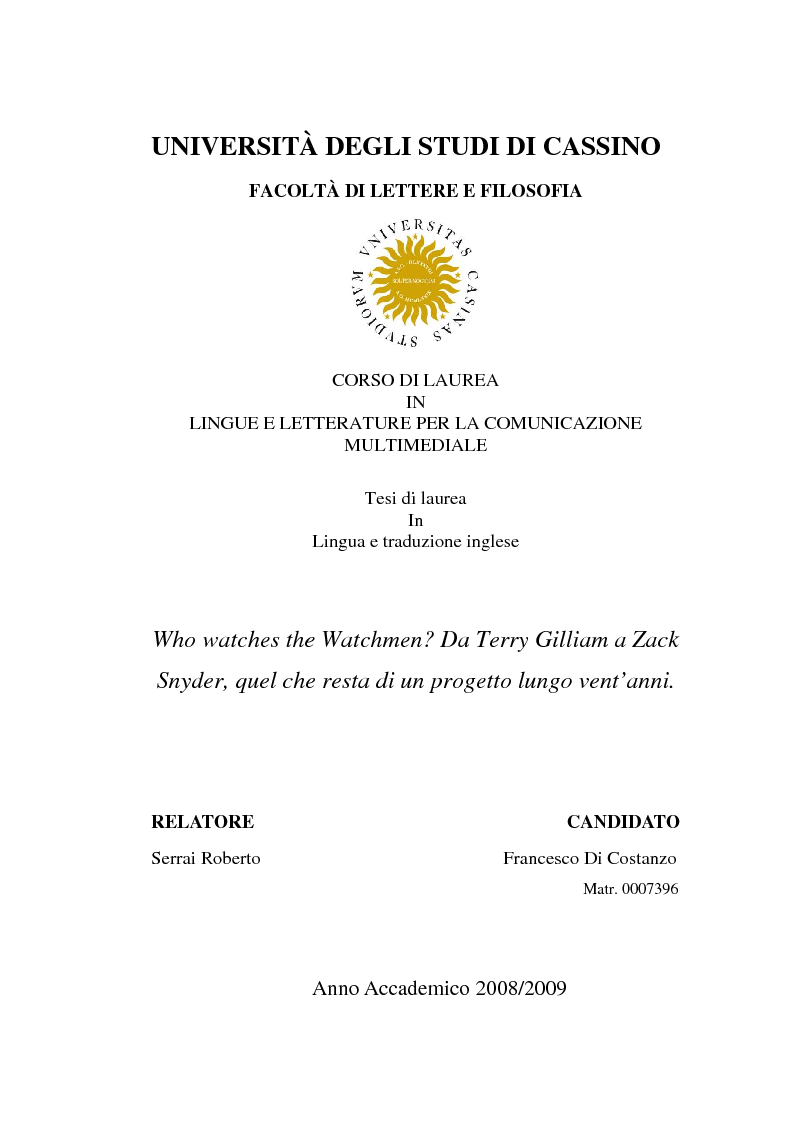 Anteprima della tesi: Who watches the Watchmen? Da Terry Gilliam a Zack Snyder, quel che resta di un progetto lungo vent'anni. , Pagina 1