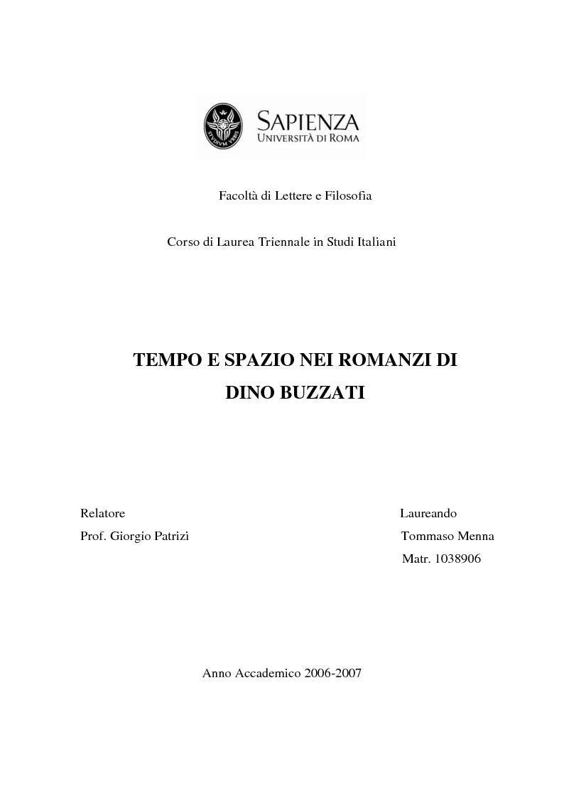 Anteprima della tesi: Tempo e spazio nei romanzi di Dino Buzzati, Pagina 1