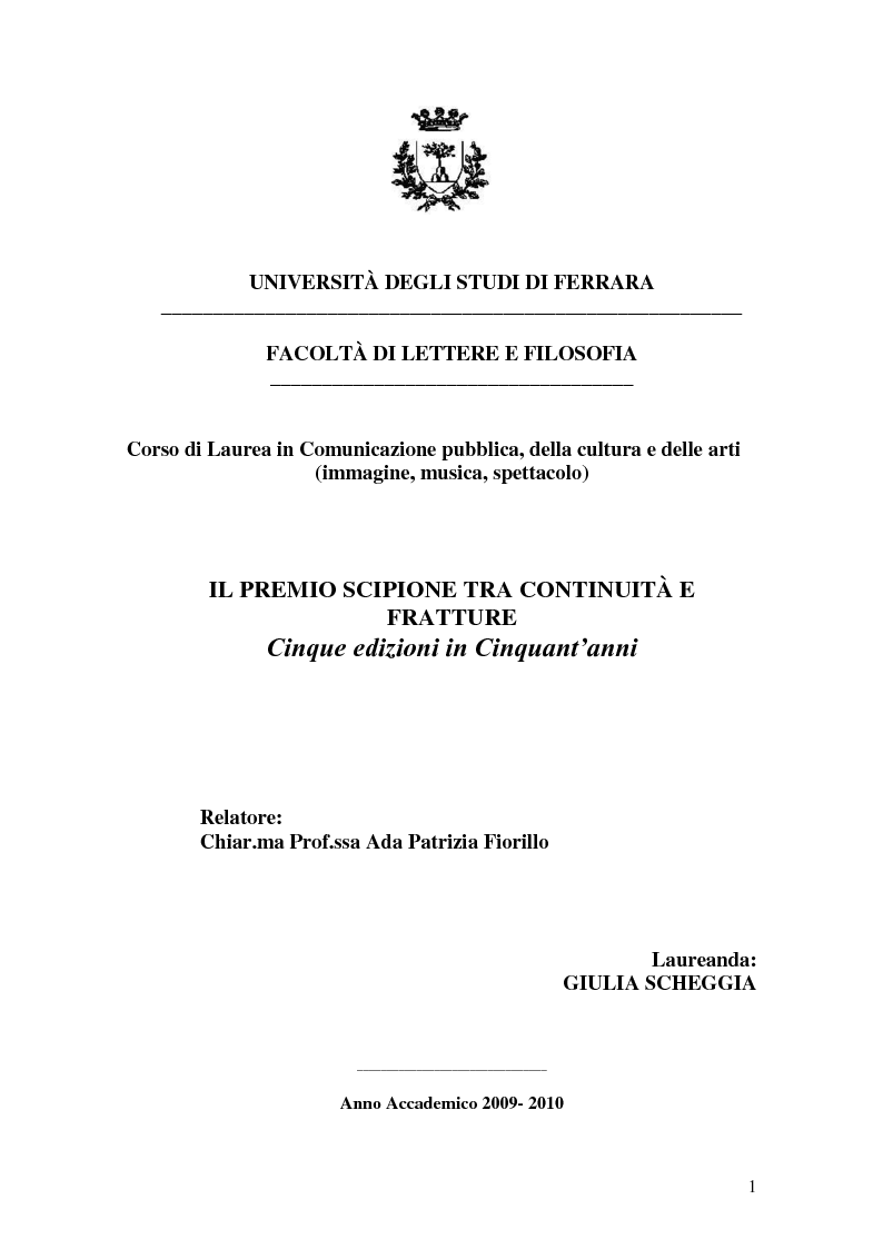 Anteprima della tesi: Il Premio Scipione tra continuità e fratture. Cinque edizioni in cinquant'anni., Pagina 1