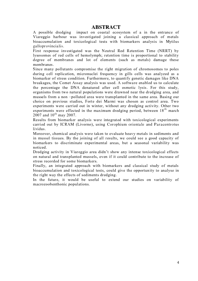 Anteprima della tesi: Valutazione degli effetti biologici della movimentazione di sabbie marine mediante l'utilizzo di biomarker cellulari in Mytilus galloprovincialis, Pagina 2