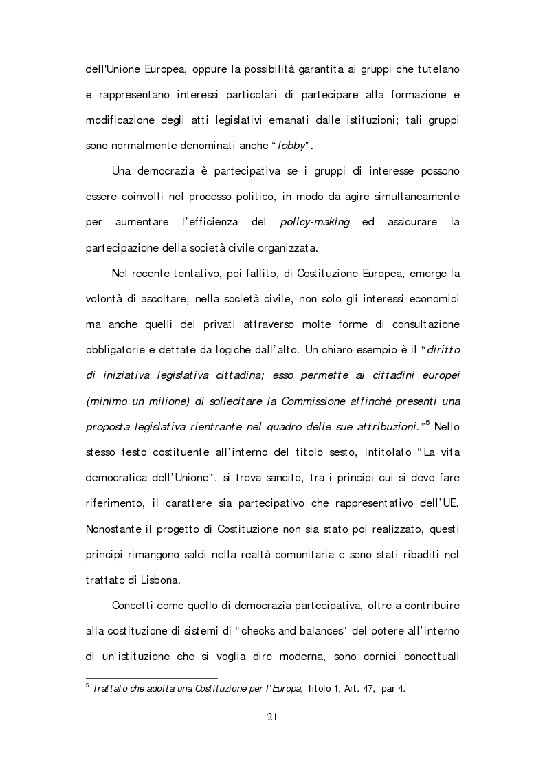 Anteprima della tesi: Lobbying strumento di democrazia partecipativa. Rappresentanza e tutela di interessi particolari nel panorama istituzionale europeo., Pagina 9