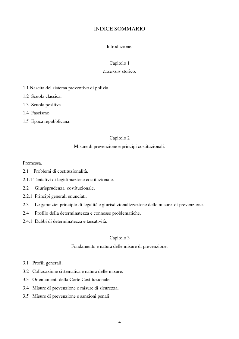 Indice della tesi: Le misure di prevenzione: microsistema giuridico penale connotato da perenne emergenza, Pagina 1