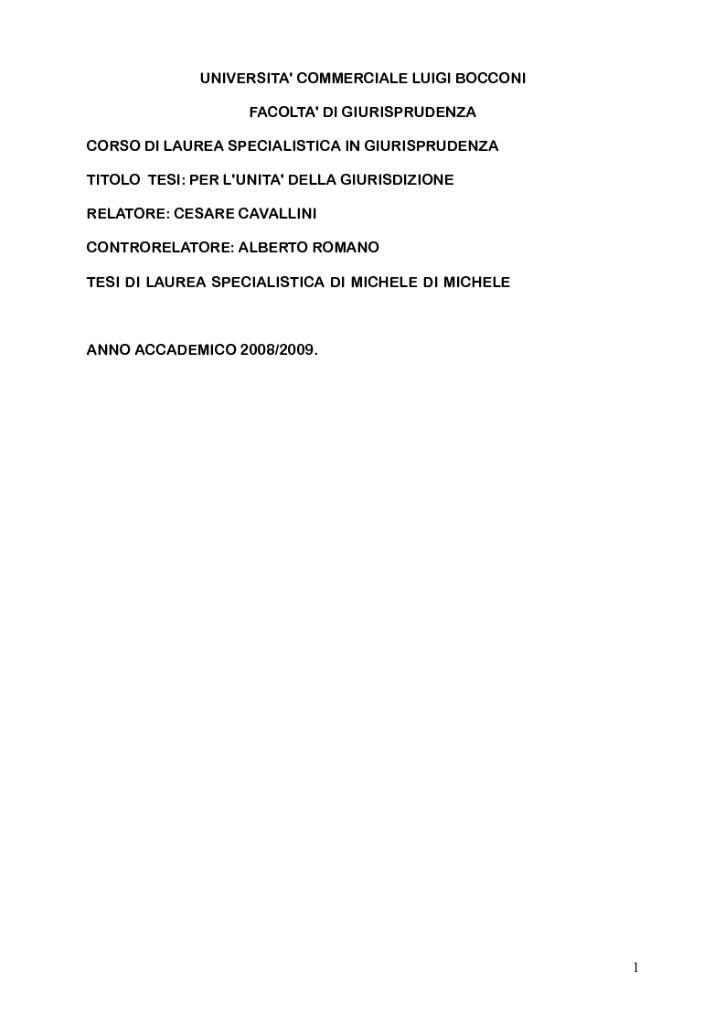 Anteprima della tesi: Per l'unità della giurisdizione, Pagina 1