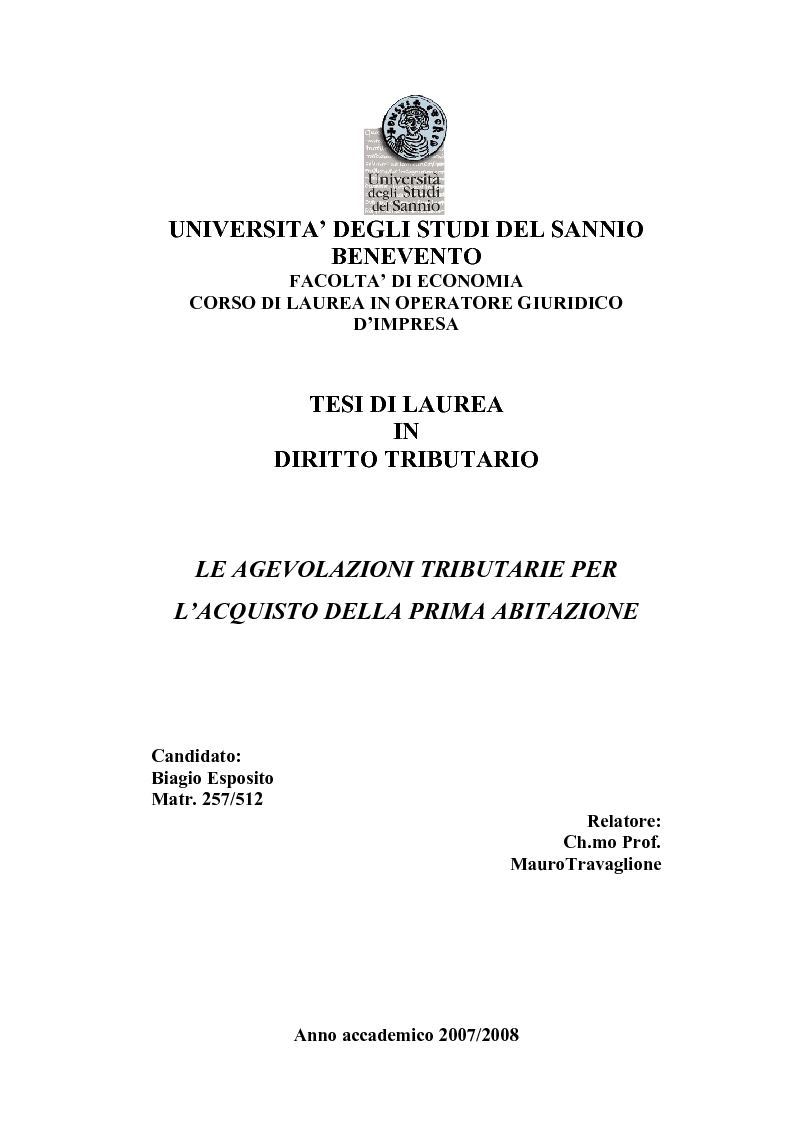 Anteprima della tesi: Le Agevolazioni Tributarie per l’Acquisto della Prima Abitazione, Pagina 1