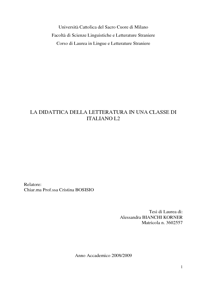 Anteprima della tesi: La didattica della letteratura in una classe di Italiano L2, Pagina 1