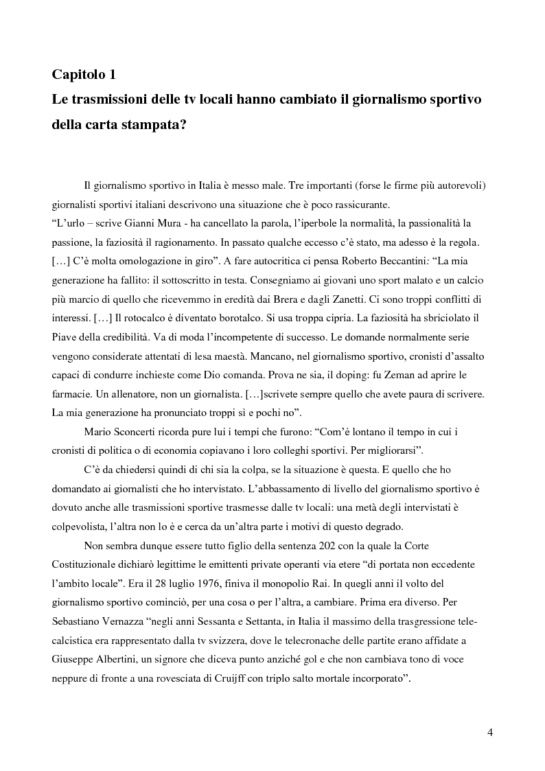 Anteprima della tesi: Il giornalismo sportivo. Il rapporto tra la carta stampata e le tv locali da Gianni Brera ad oggi., Pagina 4