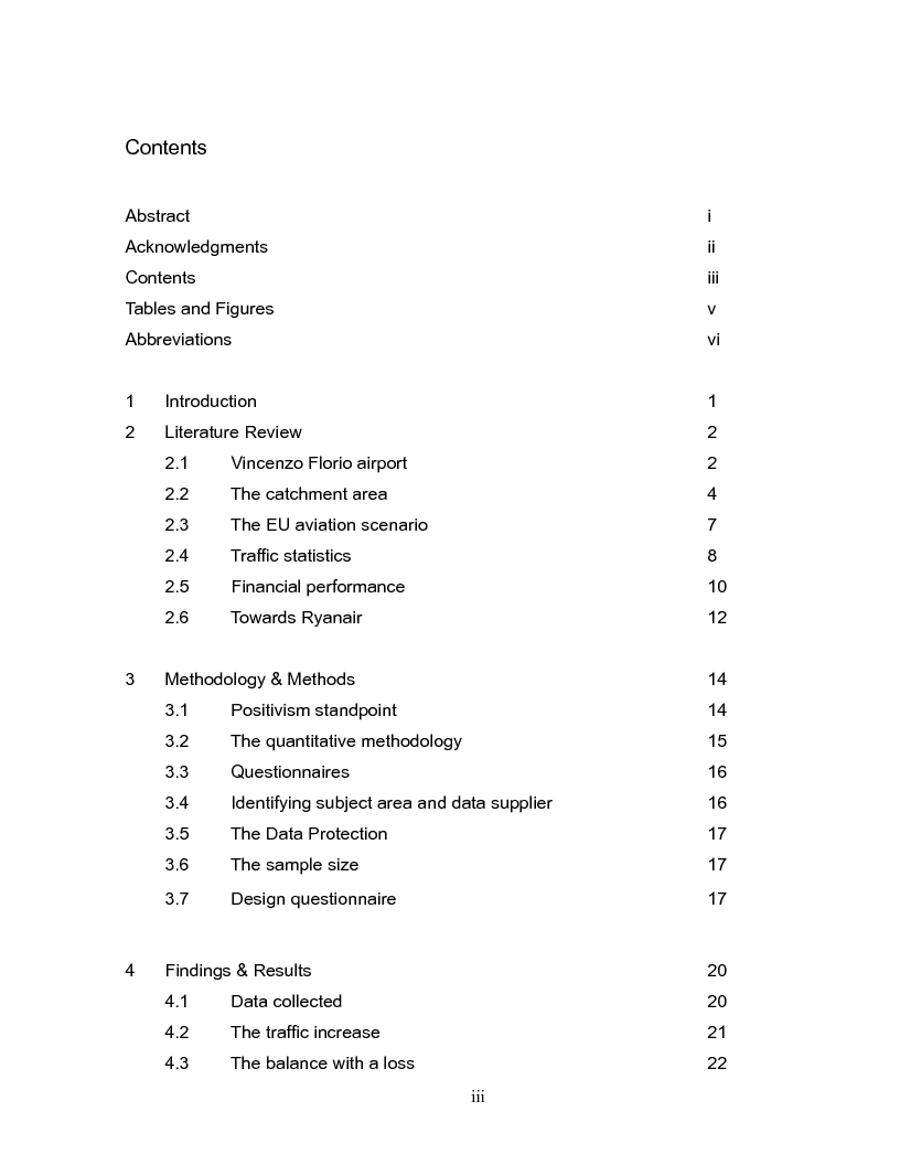 Indice della tesi: Analysis and long term strategy of the secondary south-western airport of Trapani-Birgi, Pagina 1