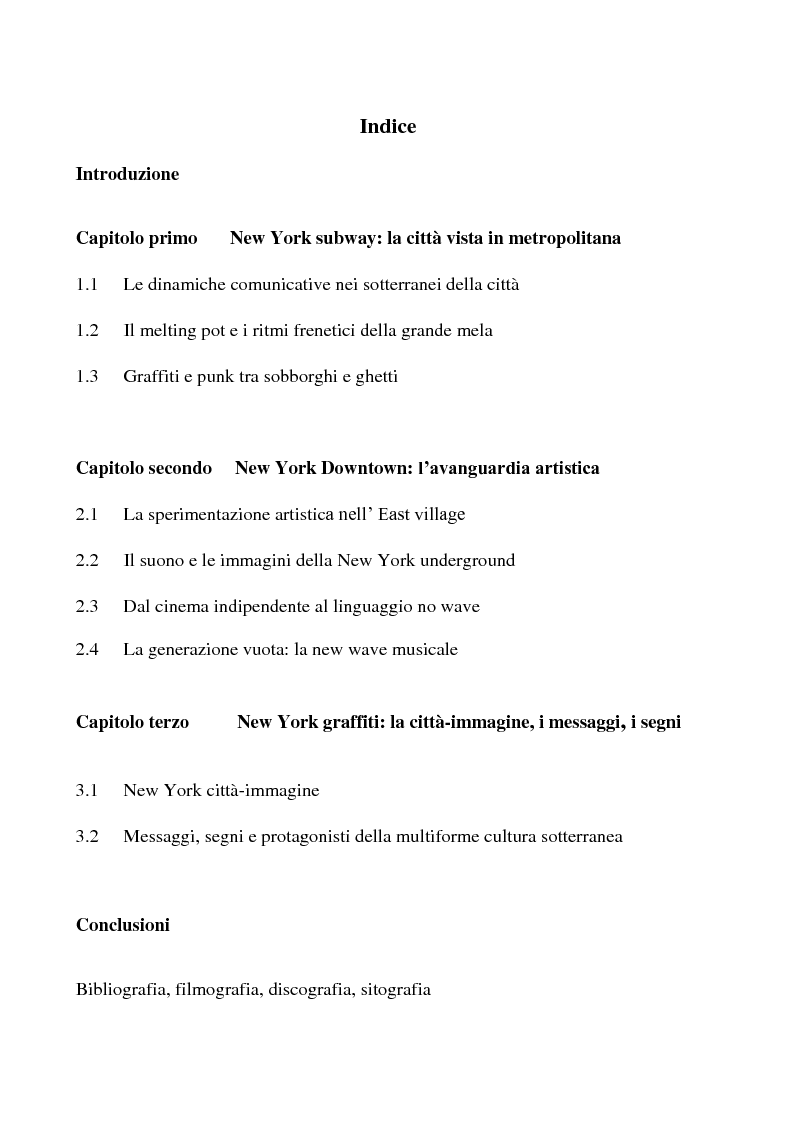 Indice della tesi: New York subway: rumori e creatività sotterranea tra fine anni '70 e anni '80, Pagina 1