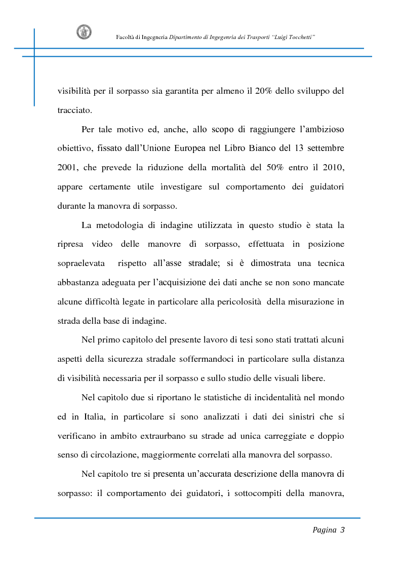 Anteprima della tesi: Sicurezza stradale: analisi della manovra di sorpasso con l'ausilio di sperimentazione su strada e simulazione al calcolatore, Pagina 3