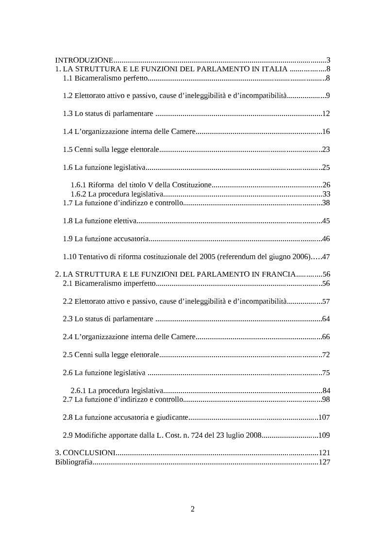 Indice della tesi: Il legislativo in Italia e in Francia: esperienze a confronto, Pagina 1