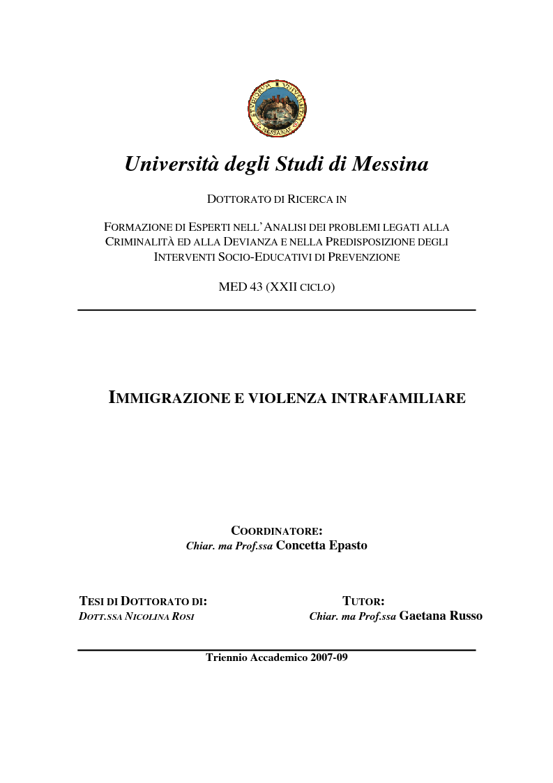 Anteprima della tesi: Immigrazione e violenza intrafamiliare: gli omicidi familiari tra migranti (1996-2009) , Pagina 1