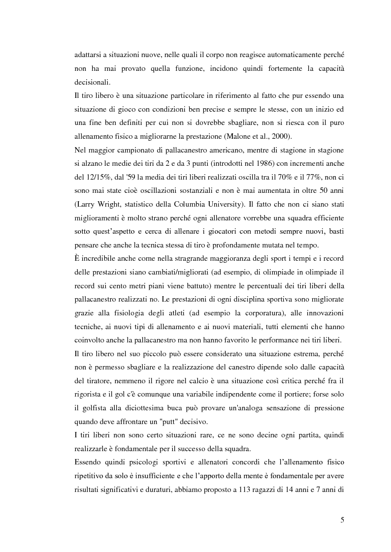 Anteprima della tesi: La prestazione nel tiro libero della pallacanestro nella condizione immaginativa, imitativa e simulativa, Pagina 2