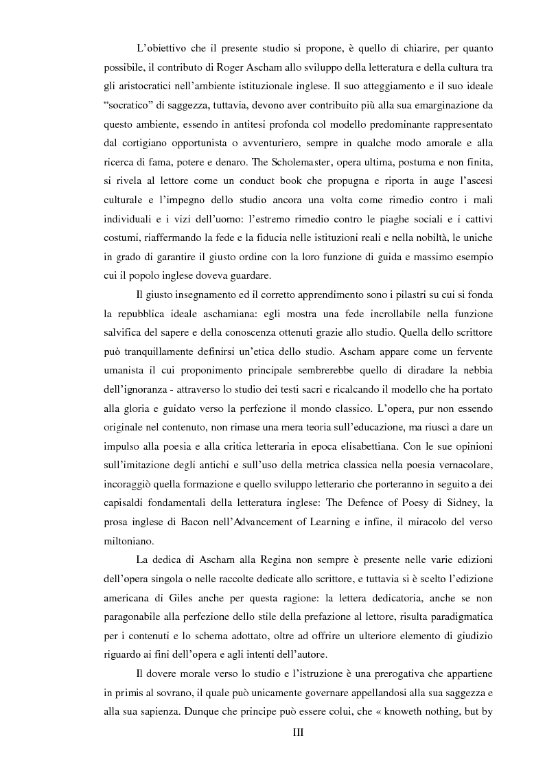 Anteprima della tesi: ''THE SCHOLEMASTER'': Traduzione e cura del trattato sull'educazione dei giovani e sull'insegnamento del latino dell'umanista inglese Roger Ascham, Pagina 3