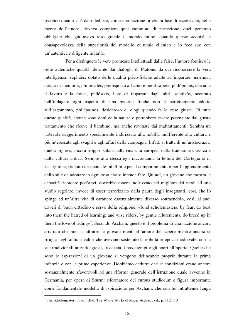 Anteprima della tesi: ''THE SCHOLEMASTER'': Traduzione e cura del trattato sull'educazione dei giovani e sull'insegnamento del latino dell'umanista inglese Roger Ascham, Pagina 9