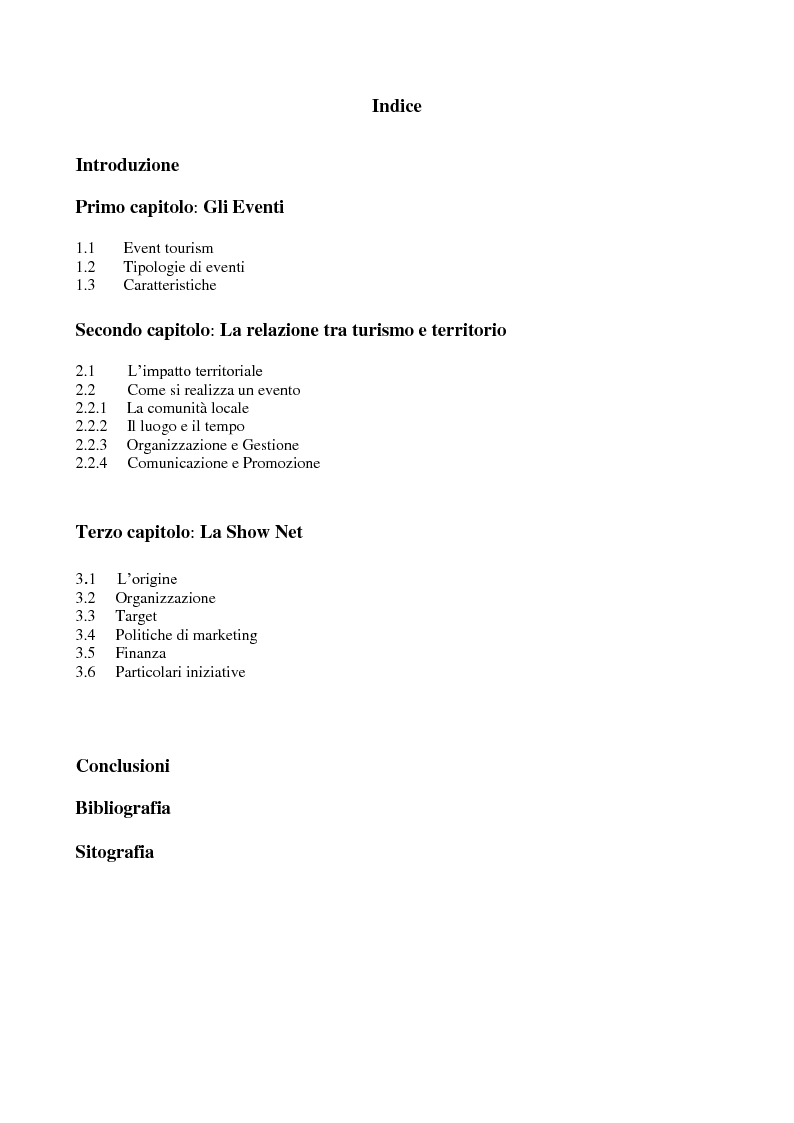 Indice della tesi: Il management degli eventi. Il caso della Show Net, Pagina 1