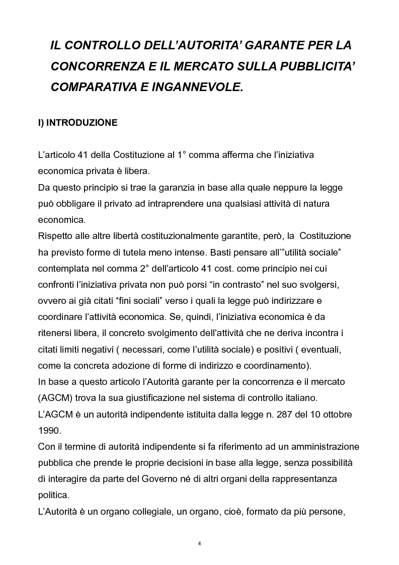 Anteprima della tesi: Il controllo dell'autorità garante per la concorrenza e il mercato sulla pubblicità comparativa e ingannevole, Pagina 3