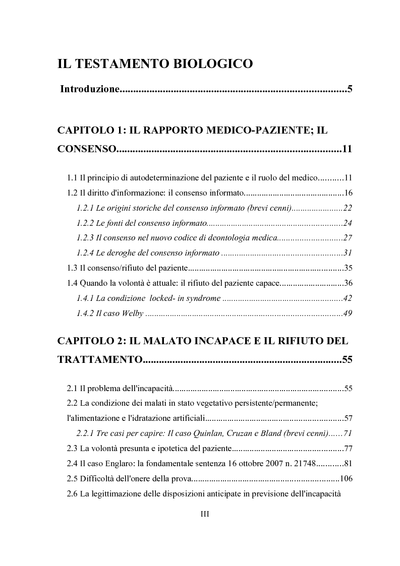 Indice della tesi: Il testamento biologico, Pagina 1