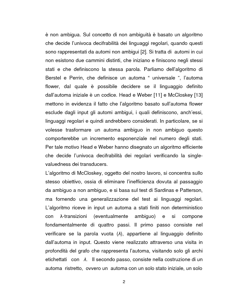 Anteprima della tesi: Progetto, analisi e implementazione in Java di un algoritmo efficiente per decidere l'univoca decifrabilità di linguaggi regolari, Pagina 2