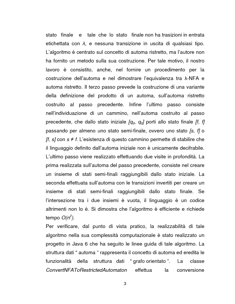 Anteprima della tesi: Progetto, analisi e implementazione in Java di un algoritmo efficiente per decidere l'univoca decifrabilità di linguaggi regolari, Pagina 3