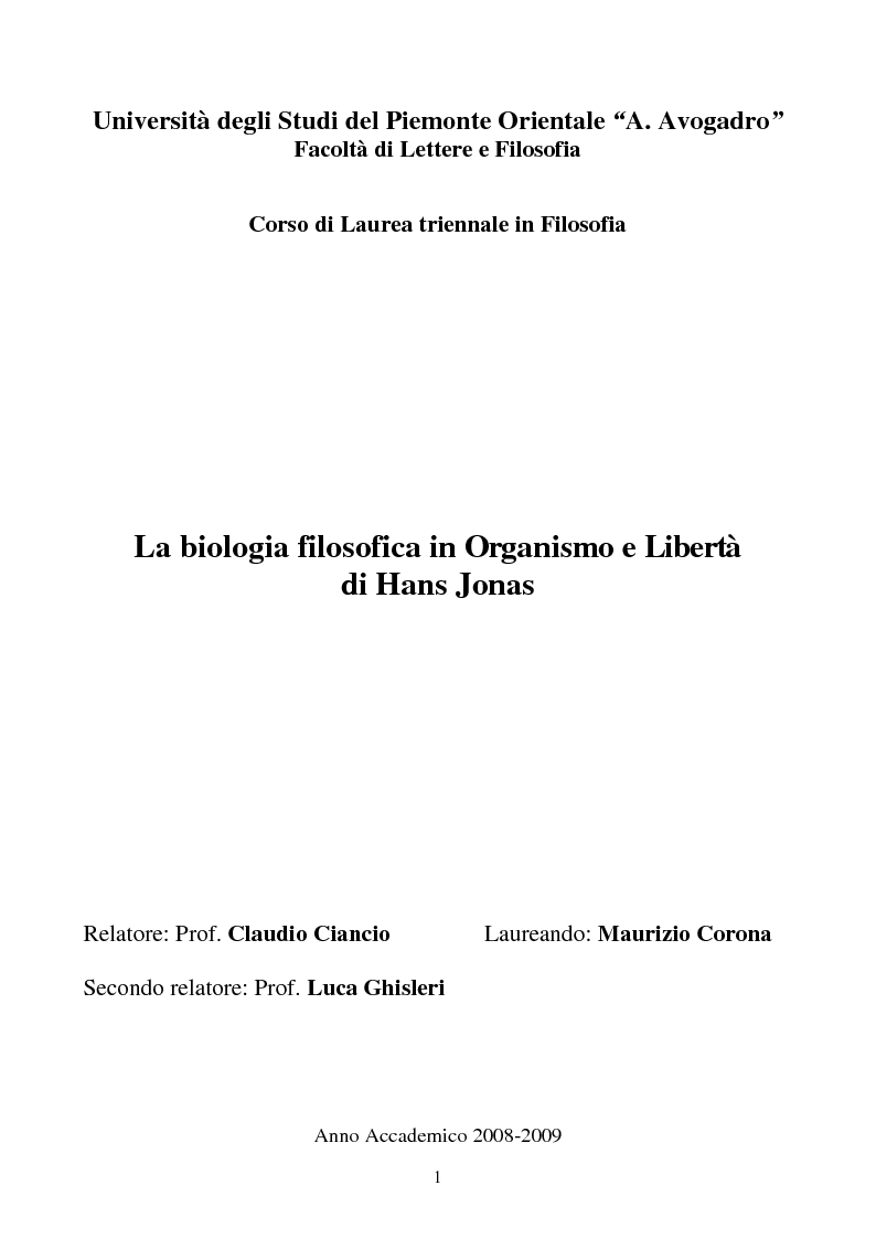 Anteprima della tesi: La biologia filosofica in ''Organismo e Libertà'' di Hans Jonas, Pagina 1