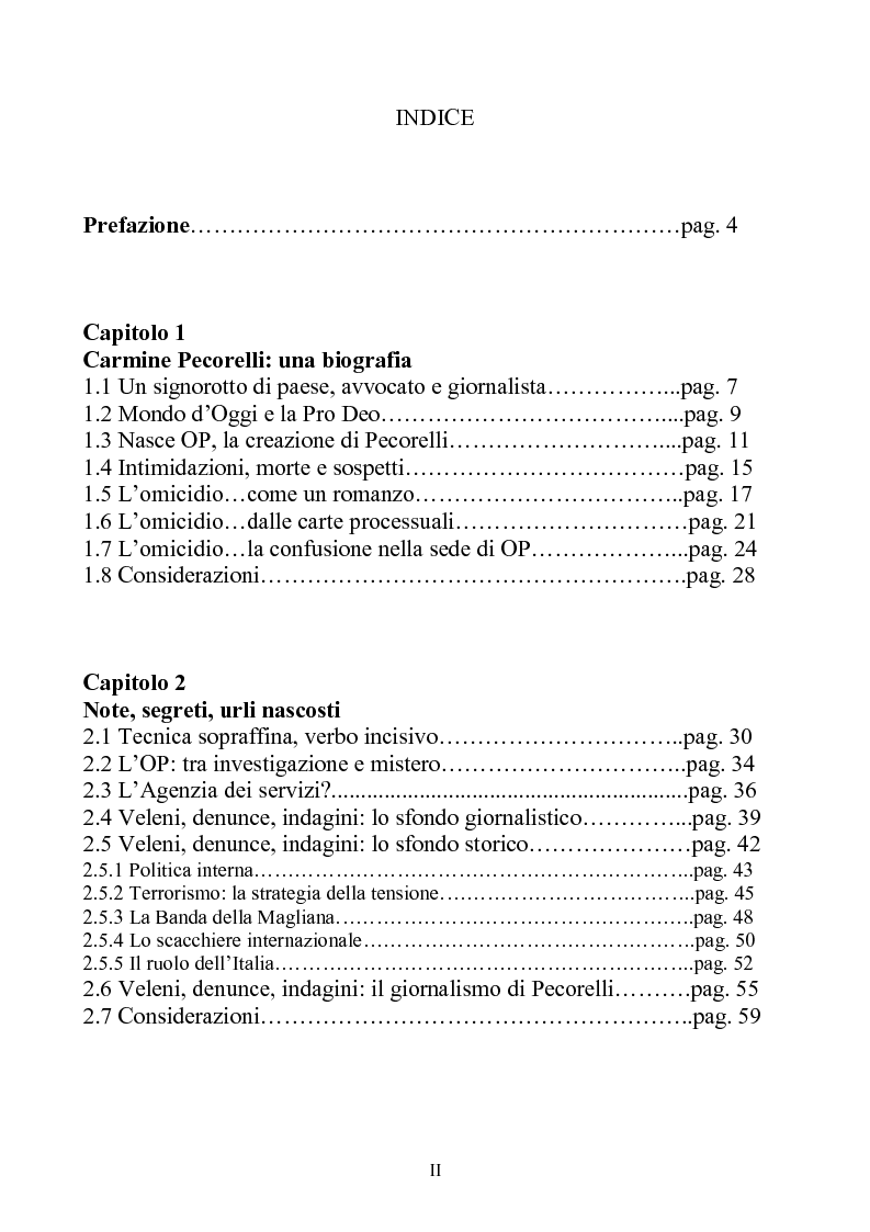 Indice della tesi: L'Op e Mino Pecorelli: un giornalismo tra investigazione e mistero, Pagina 1
