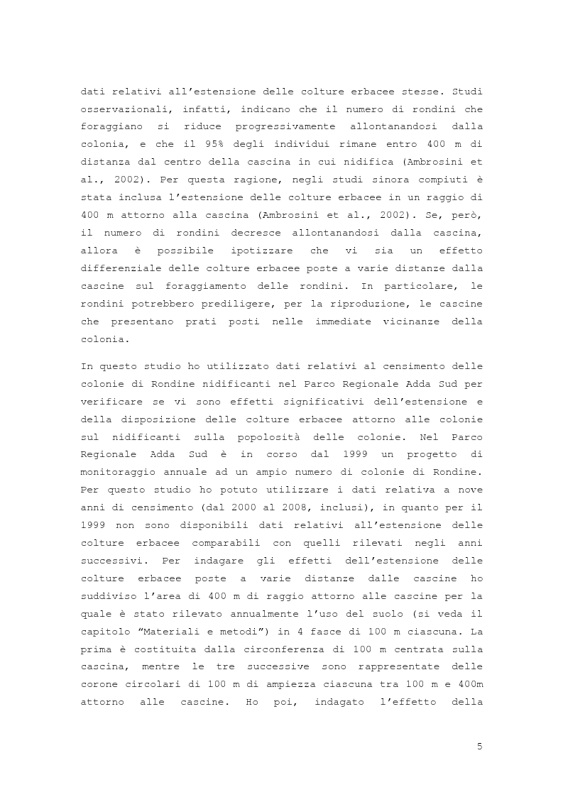 Anteprima della tesi: Effetto della distribuzione delle colture erbacee nell'intorno dei siti di nidificazione della rondine, Hirundo rustica, Pagina 3