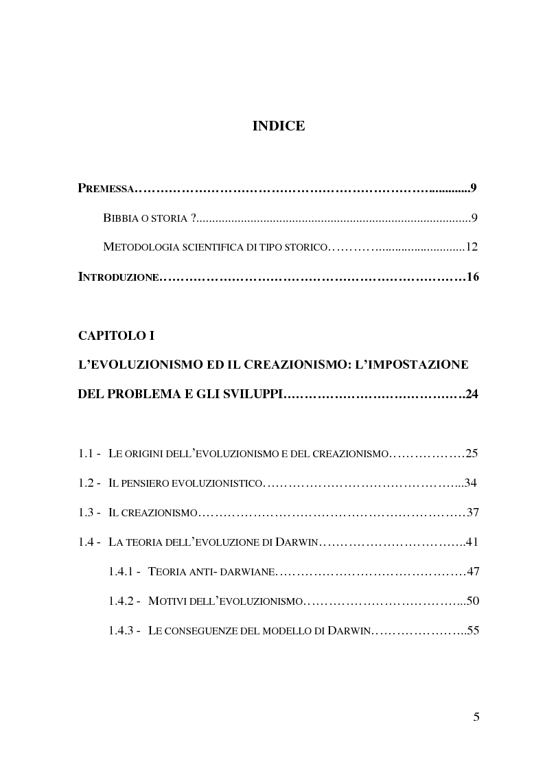 Indice della tesi: Evoluzionismo Vs Creazionismo, Pagina 1