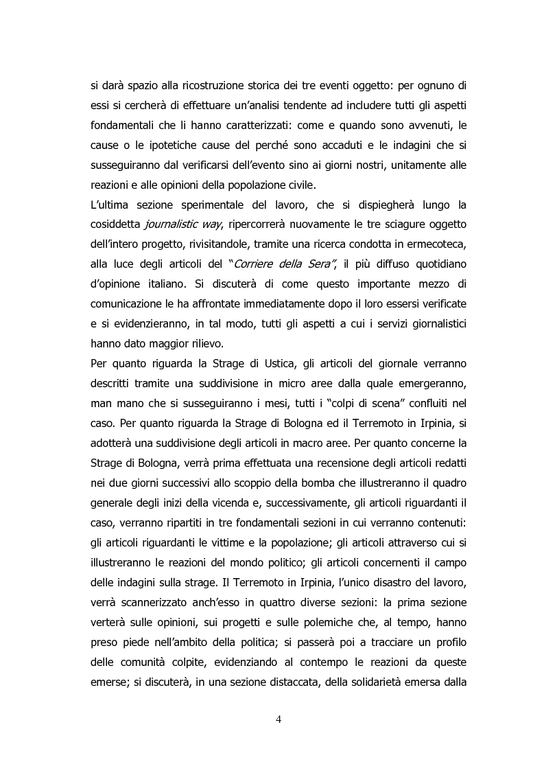 Anteprima della tesi: Analisi storico-sociologica-giornalistica delle stragi e dei disastri (i casi italiani del 1980: Ustica, Bologna, Irpinia), Pagina 4