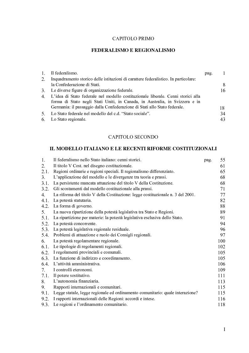 Indice della tesi: Regionalismo e federalismo in Italia e in Germania. Due modelli a confronto e profili di cooperazione transfrontaliera., Pagina 1