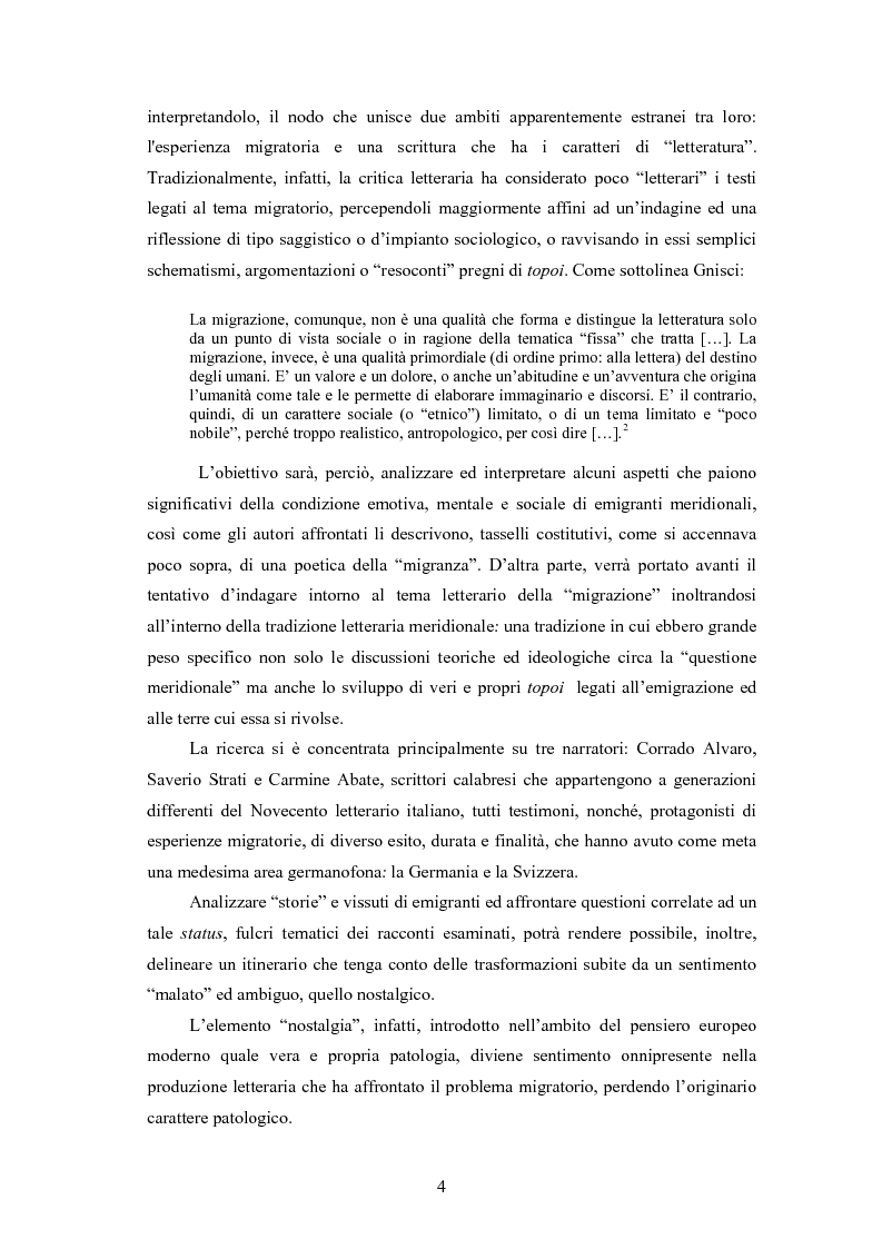 Anteprima della tesi: Come muore la nostalgia. Paradigmi conoscitivi, sofferenze d'identità ed istanze sociali di ''malati d'emigrazione'' nei racconti di Corrado Alvaro, Saverio Strati e Carmine Abate., Pagina 2