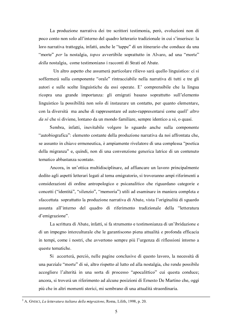 Anteprima della tesi: Come muore la nostalgia. Paradigmi conoscitivi, sofferenze d'identità ed istanze sociali di ''malati d'emigrazione'' nei racconti di Corrado Alvaro, Saverio Strati e Carmine Abate., Pagina 3