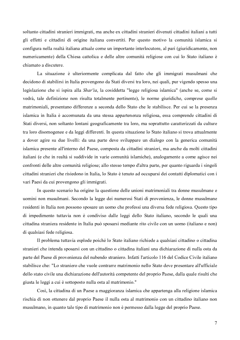 Anteprima della tesi: La questione delle unioni matrimoniali tra donne musulmane e uomini non musulmani in Italia, Pagina 6