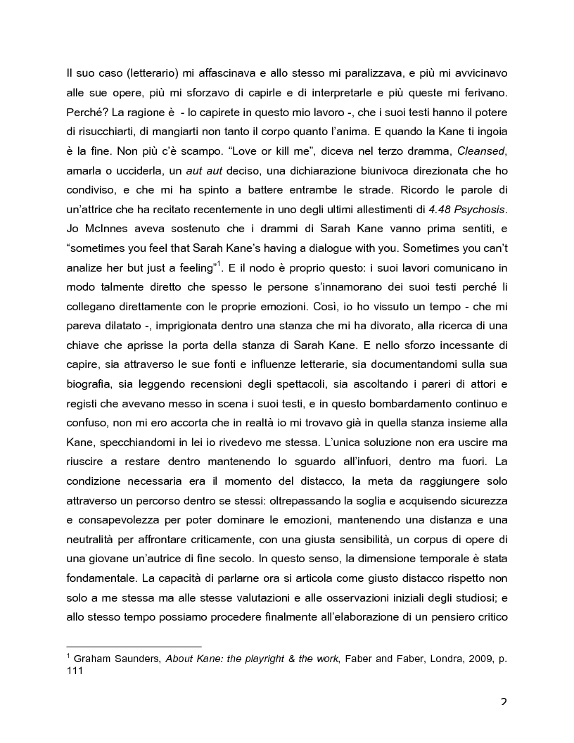 Anteprima della tesi: Il rovescio della mia mente. Viaggio in cinque stanze del male di vivere di Sarah Kane, una giovane donna di fine secolo., Pagina 2