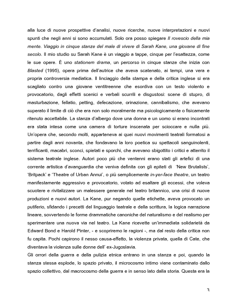 Anteprima della tesi: Il rovescio della mia mente. Viaggio in cinque stanze del male di vivere di Sarah Kane, una giovane donna di fine secolo., Pagina 3
