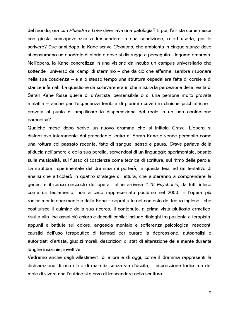 Anteprima della tesi: Il rovescio della mia mente. Viaggio in cinque stanze del male di vivere di Sarah Kane, una giovane donna di fine secolo., Pagina 5