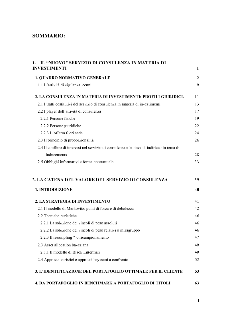 Indice della tesi: La consulenza finanziaria fee only, Pagina 1