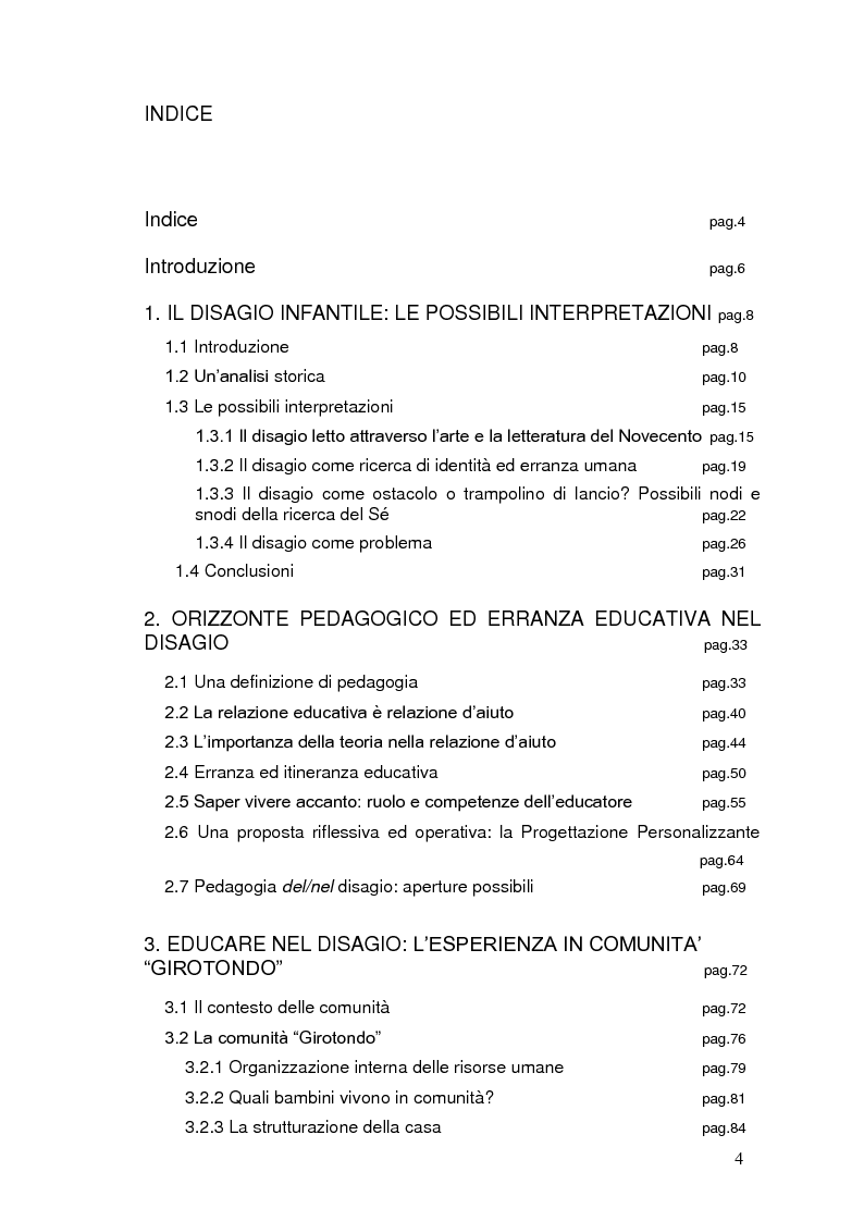 Indice della tesi: Bambini in cammino: erranza educativa e disagio in comunità per minori, Pagina 1