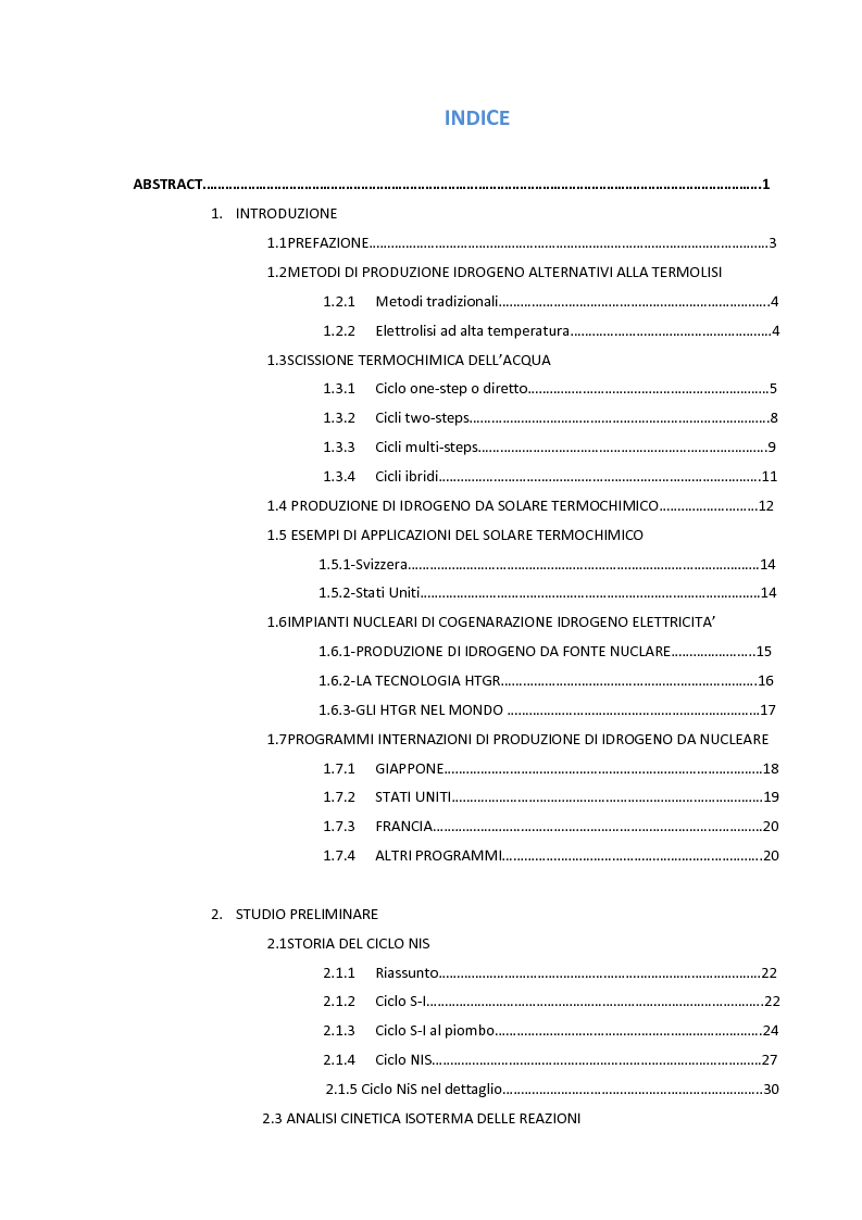 Indice della tesi: Ingegnerizzazione di uno nuovo ciclo di scissione termochimica dell'acqua, Pagina 1